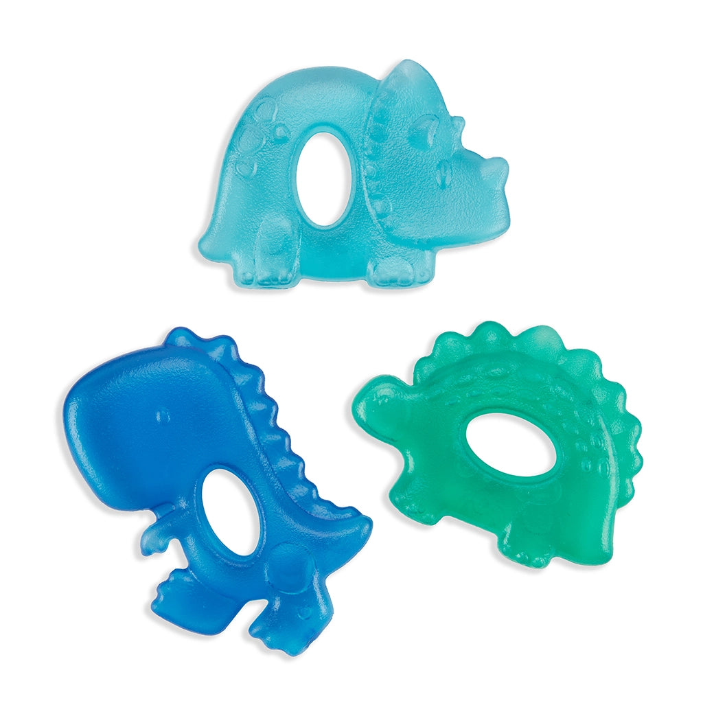 Three translucent silicone teething toys shaped like dinosaurs, shown in light blue, medium blue, and green on a white background.