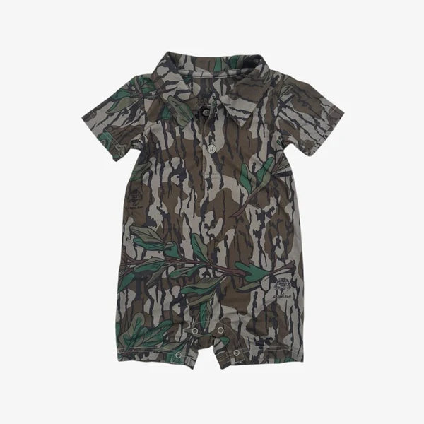 Camouflage patterned short sleeved romper.