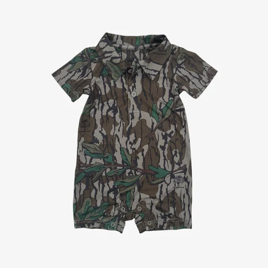 Camouflage patterned short sleeved romper.
