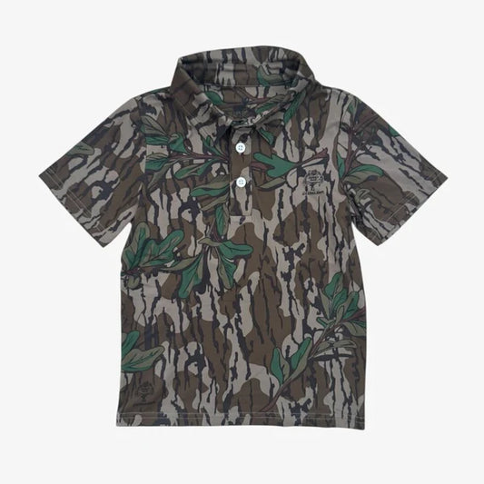 Camouflage patterned short sleeve polo shirt.