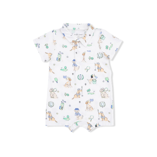 White short sleeve polo romper with an overall dog pattern.
