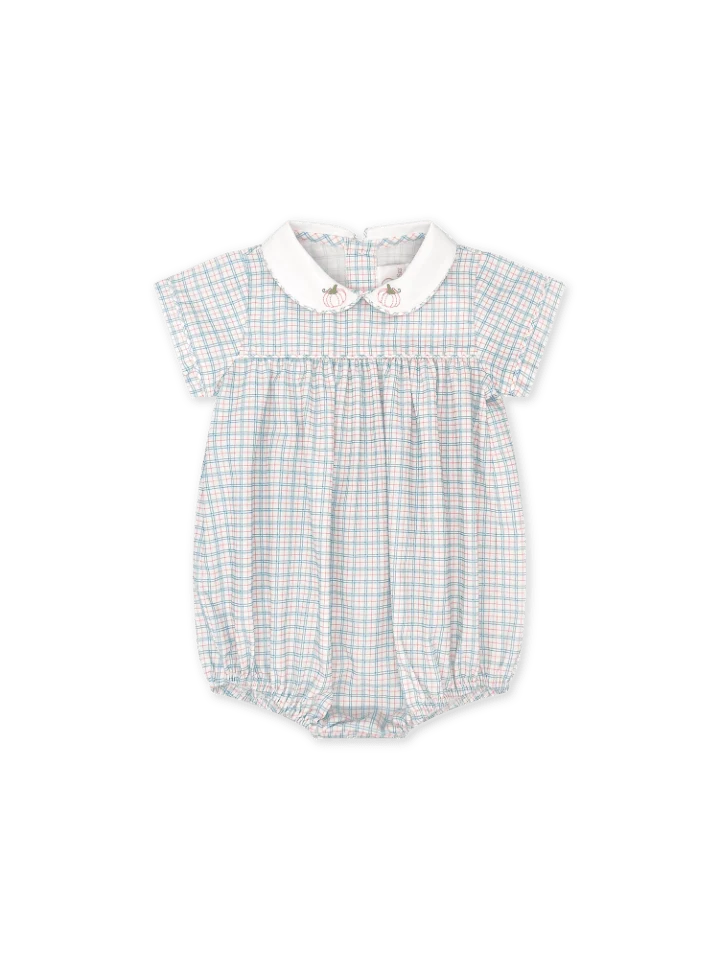 A baby bubble romper with a white collar and a light blue and white gingham pattern, featuring short sleeves and a smocked chest detail.
