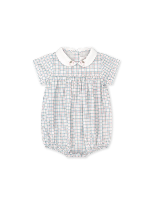A baby bubble romper with a white collar and a light blue and white gingham pattern, featuring short sleeves and a smocked chest detail.