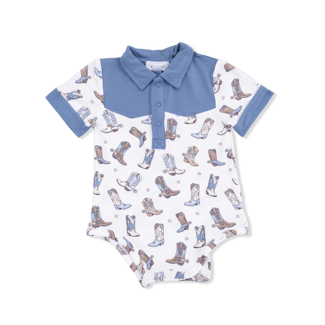 Short sleeve collared bodysuit with allover cowboy boot pattern and blue trim.