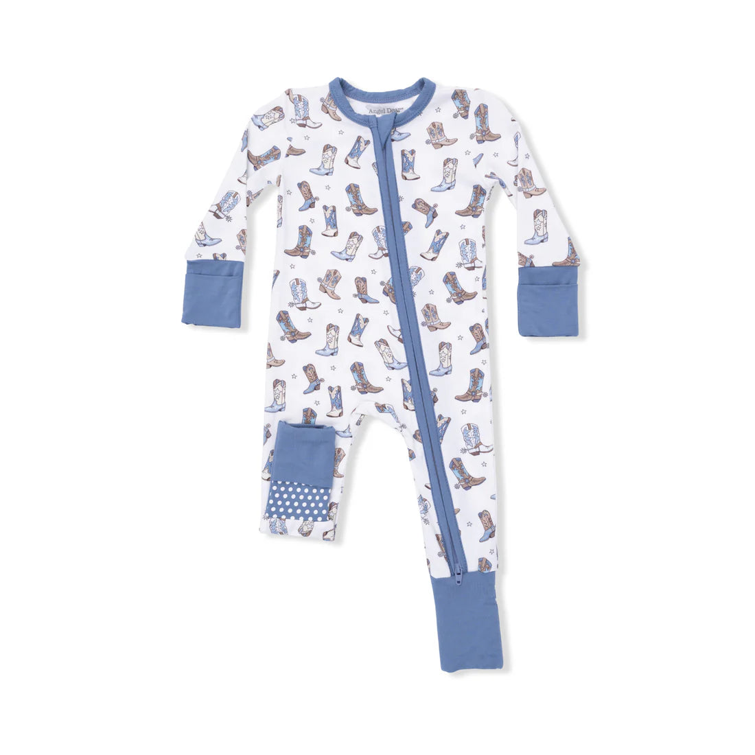 One piece romper with overall cowboy boot pattern and blue trim, converts from footed to footless.