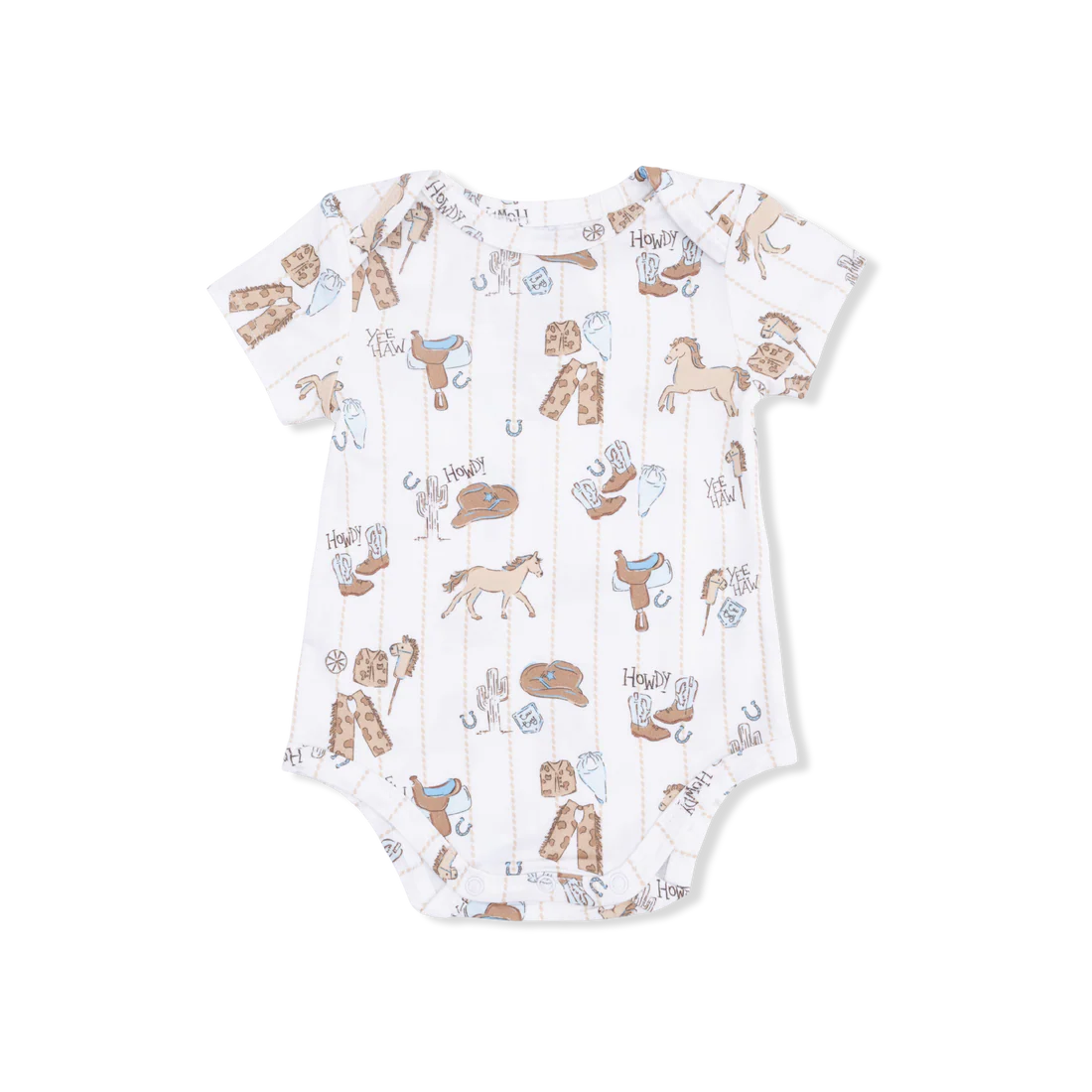 Baby short sleeved onesie with overall print of horses and cowboy gear on a white background with a subtle tan stripe.