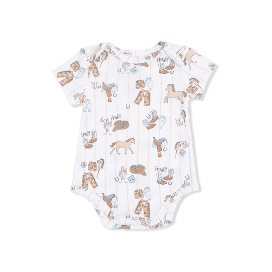 Baby short sleeved onesie with overall print of horses and cowboy gear on a white background with a subtle tan stripe.