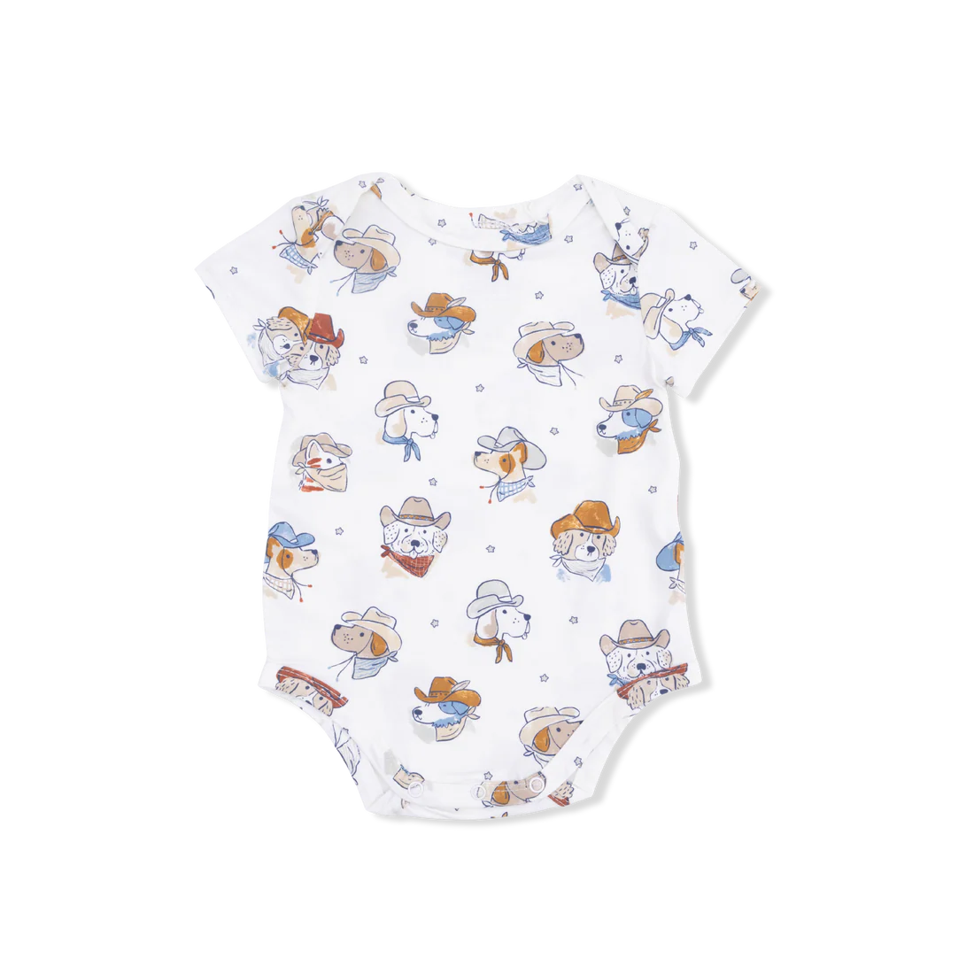 Baby short sleeve onesie with overall print of dogs in cowboy hats on white background.