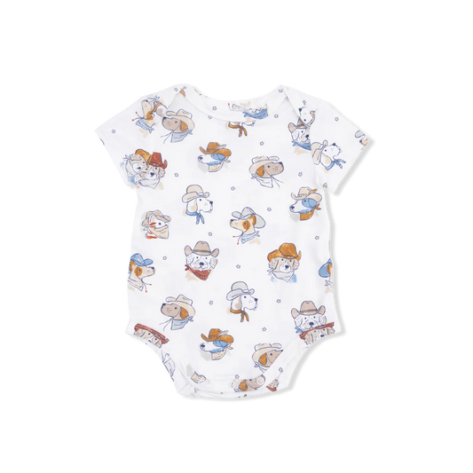 Baby short sleeve onesie with overall print of dogs in cowboy hats on white background.