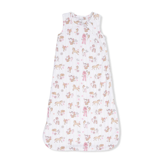 Sleep bag with a pink and tan cowgirl pattern.