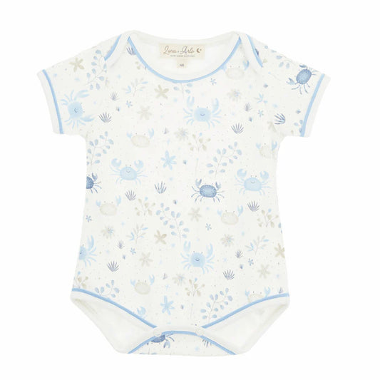 Baby bodysuit with blue crab and shell pattern on a white background