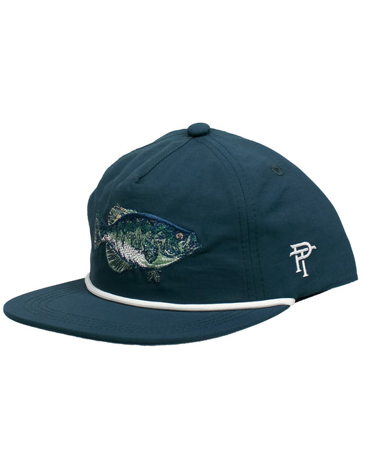 Navy blue cap with crappie fish design and logo on a white background