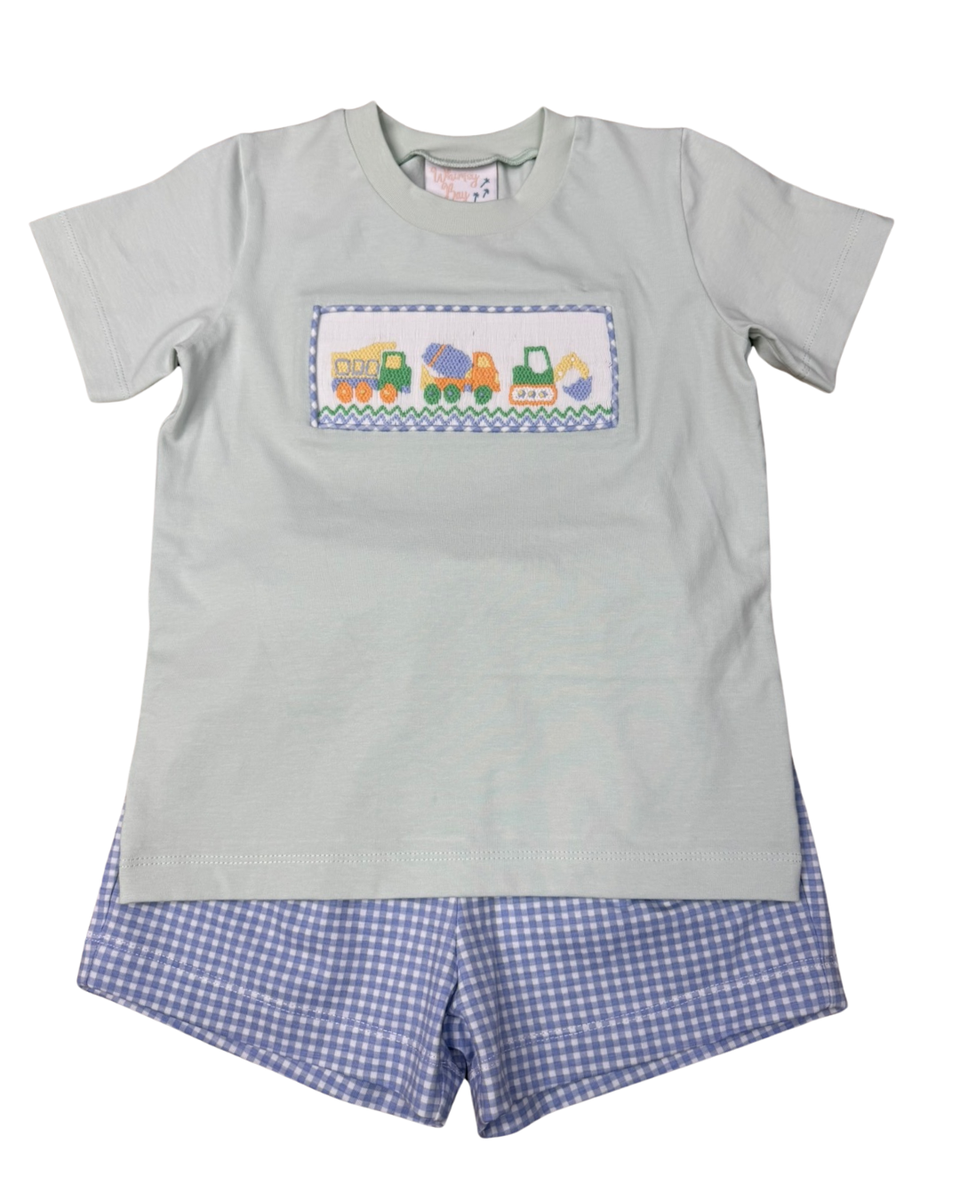 Boys Smocked Short Set with construction pattern and blue checkered shorts 