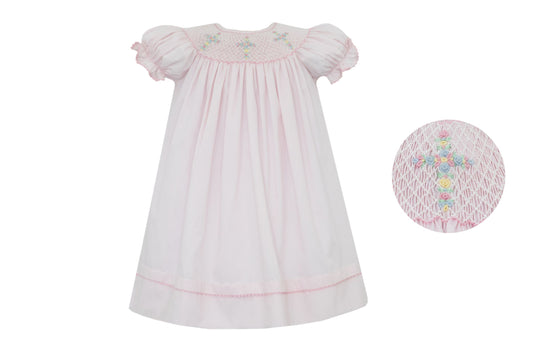 Cross Smocked Bishop Dress - Pink