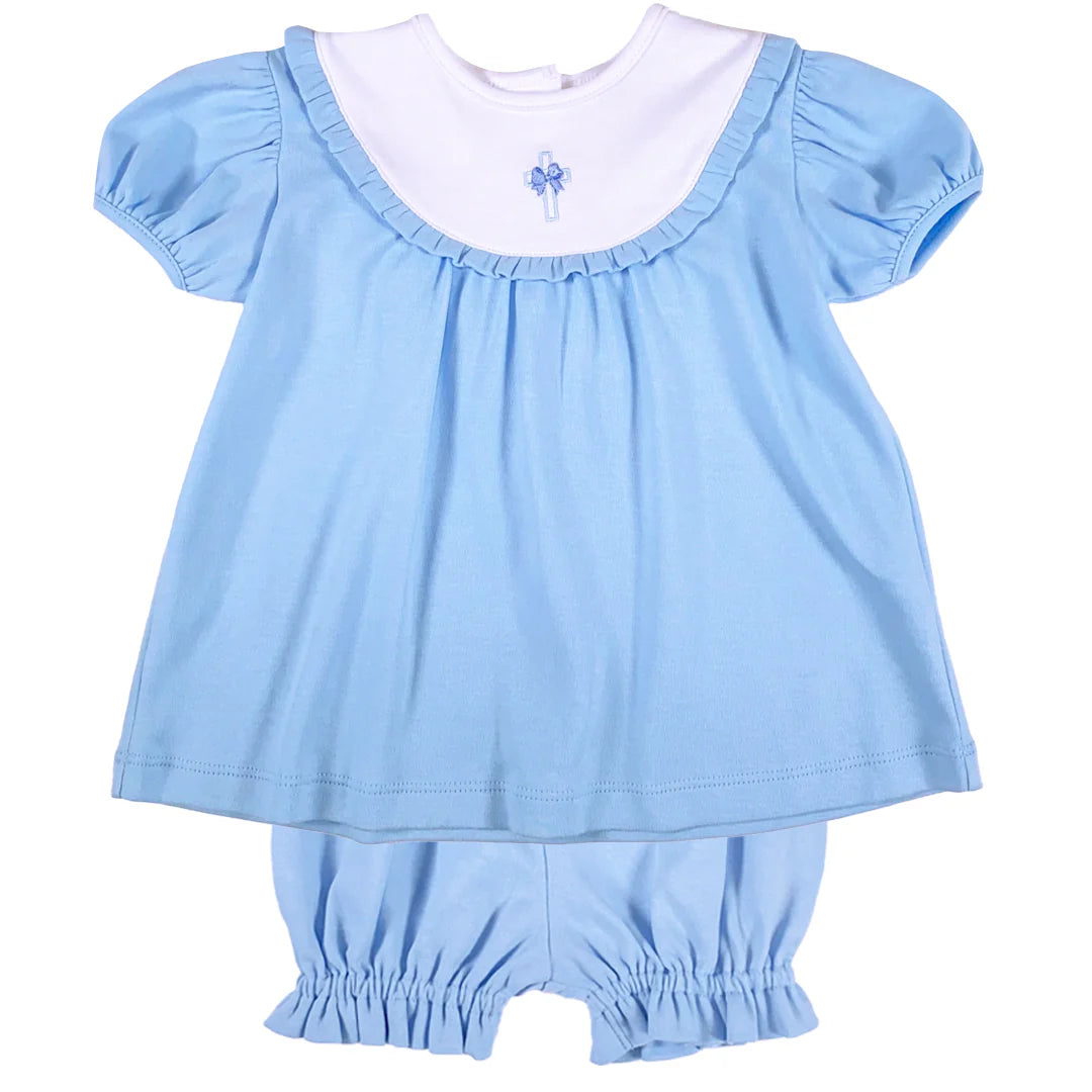 Light blue short sleeve bloomer set with embroidered cross on white ruffled bodice.