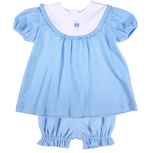 Light blue short sleeve bloomer set with embroidered cross on white ruffled bodice.
