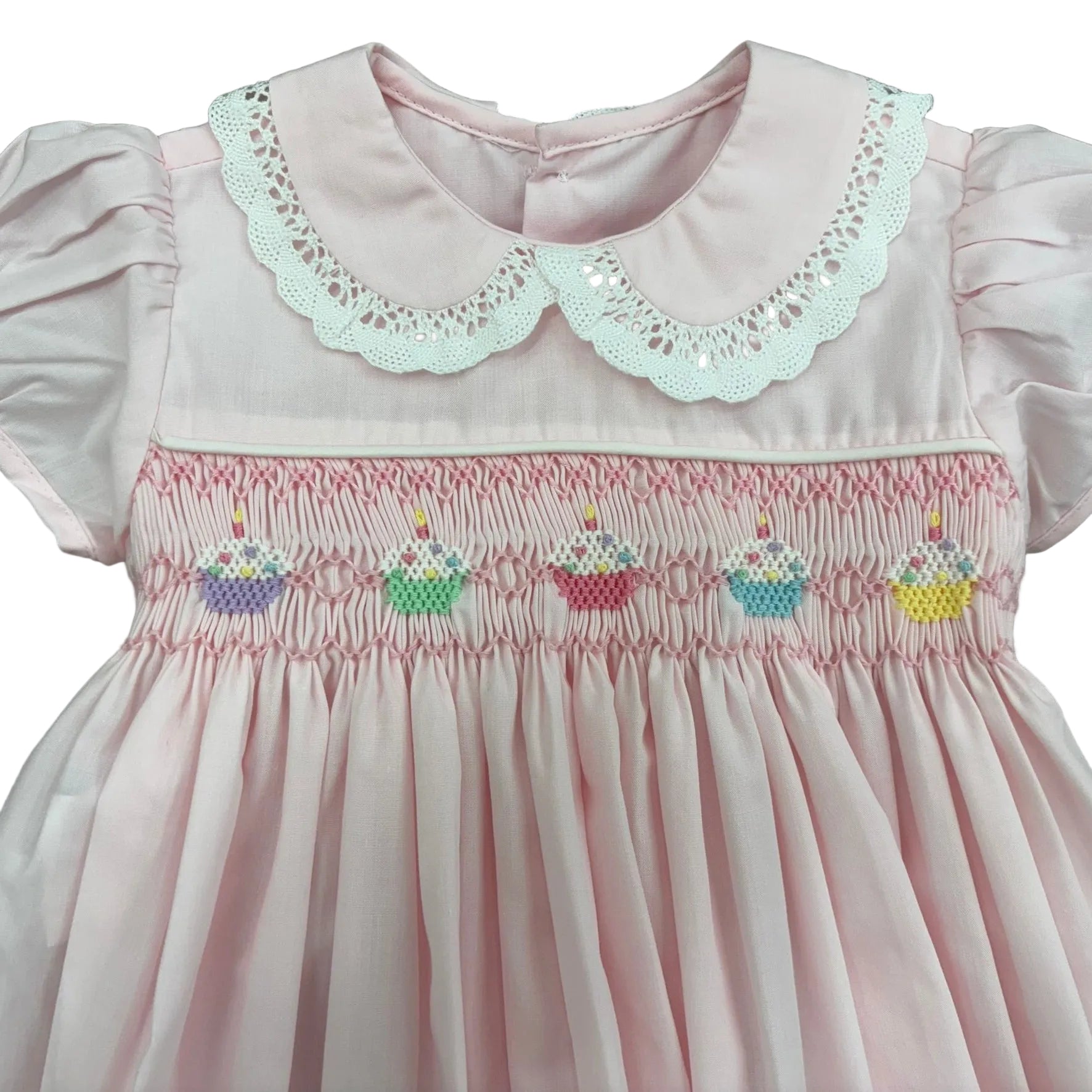 close up of lace and cupcake detail on pink dress.