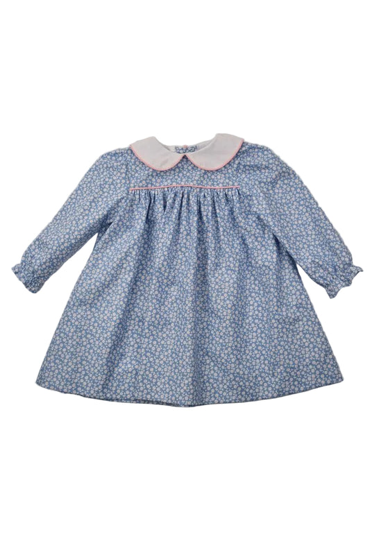 Blue floral dress with white collar and pink trim