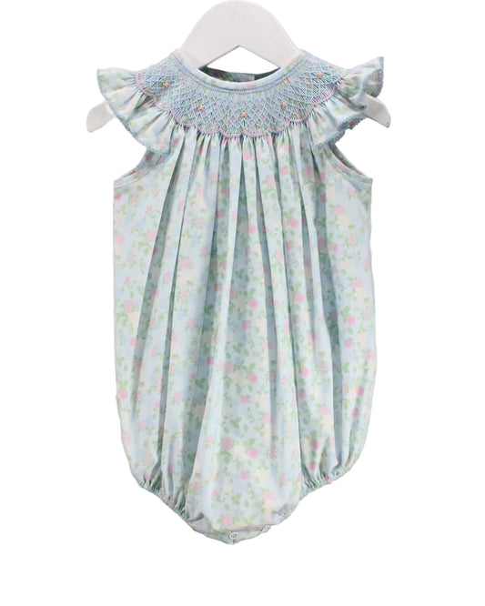 Floral smocked blue baby bubble with ruffle short sleeve.
