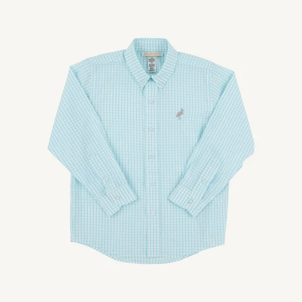 A light blue and white gingham long-sleeve button-down shirt with a small embroidered polo player logo on the left chest, displayed flat against a light cream background.