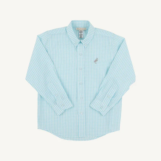 A light blue and white gingham long-sleeve button-down shirt with a small embroidered polo player logo on the left chest, displayed flat against a light cream background.