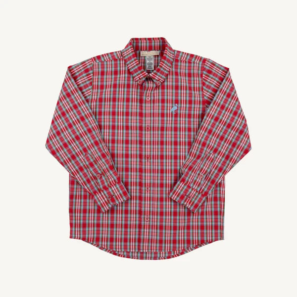 A long-sleeve button-up shirt in a red, white, and light blue plaid pattern, featuring a small embroidered bird logo on the left chest