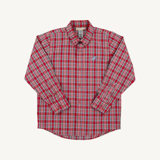 A long-sleeve button-up shirt in a red, white, and light blue plaid pattern, featuring a small embroidered bird logo on the left chest