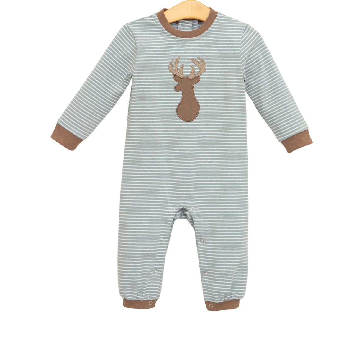 Striped green and brown baby onesie with a deer design 