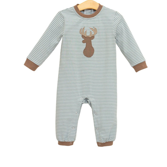 Striped green and brown baby onesie with a deer design 