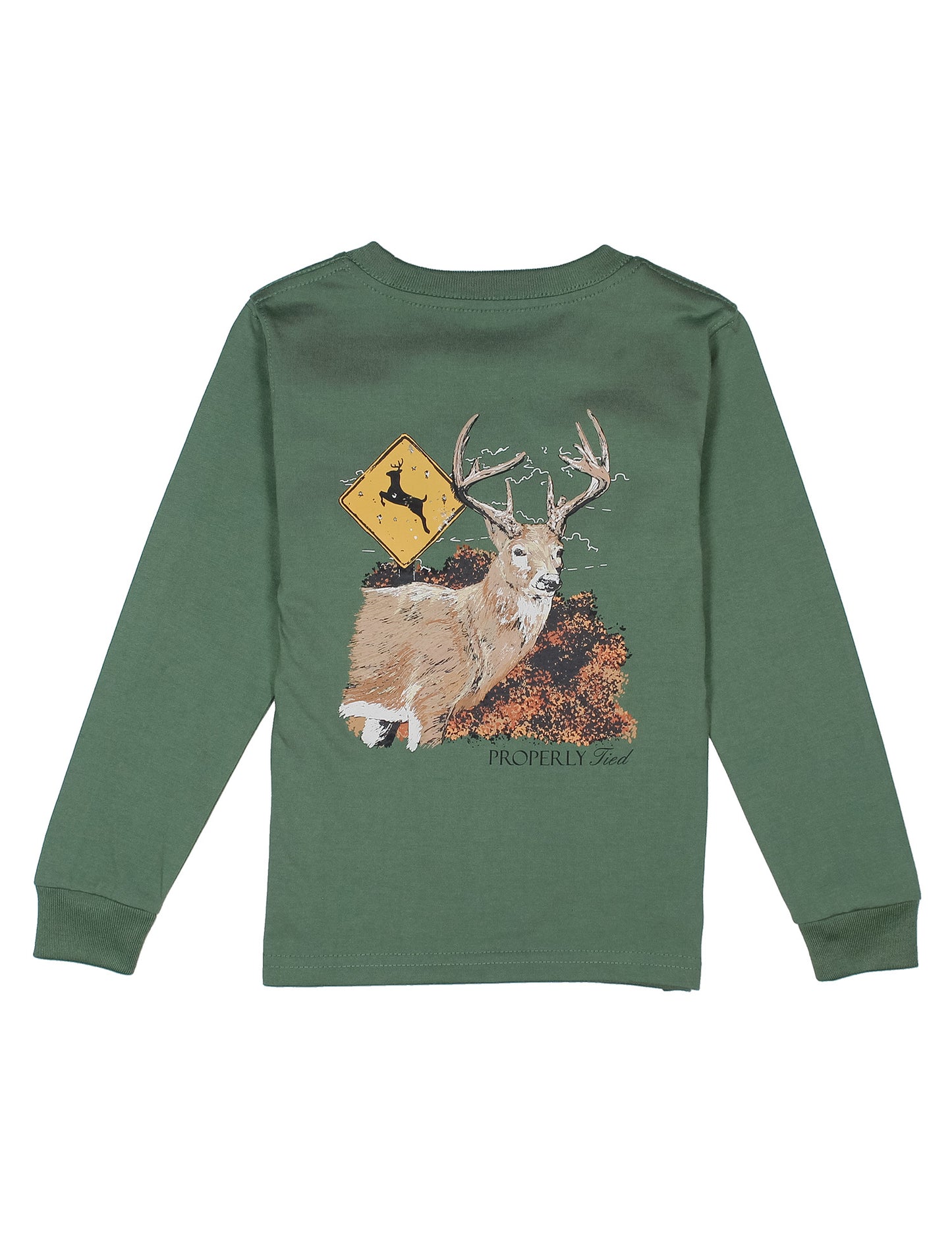 green long sleeve shirt with a deer and a crossing sign on it 
