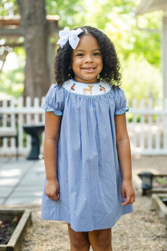 Smocked blue check dress with smocked pheasant, deer and duck design