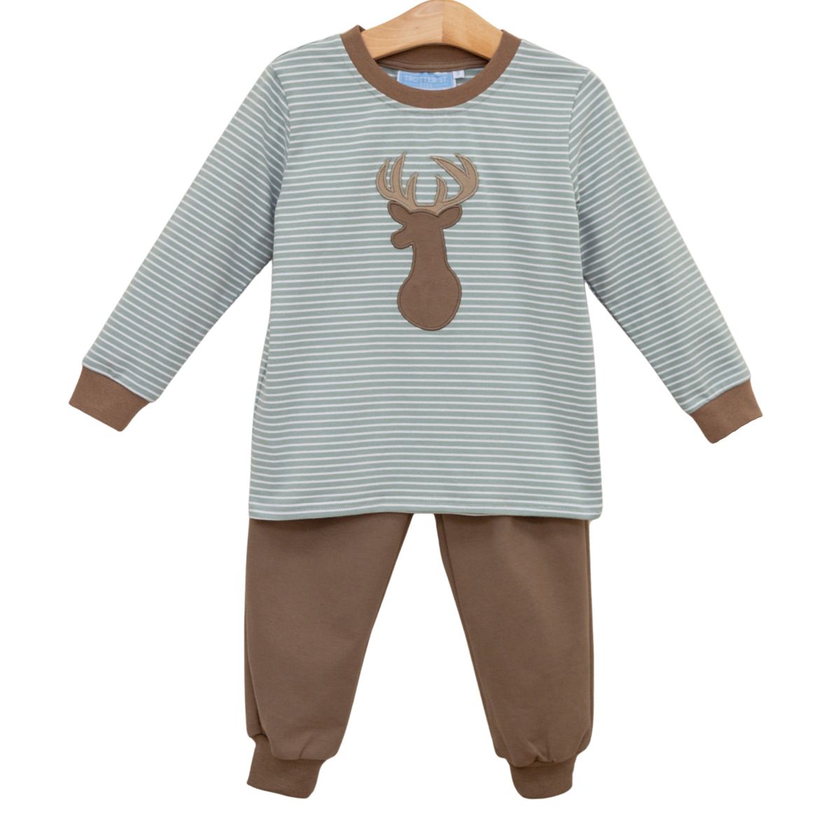 Grey and Tan Striped Shirt with Deer applique with brown pants 
