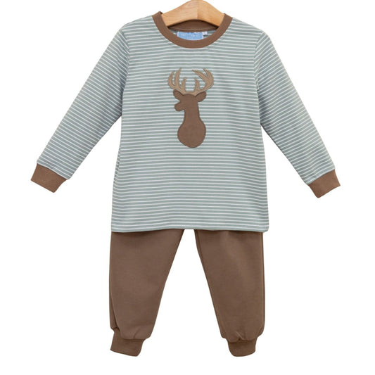 Grey and Tan Striped Shirt with Deer applique with brown pants 