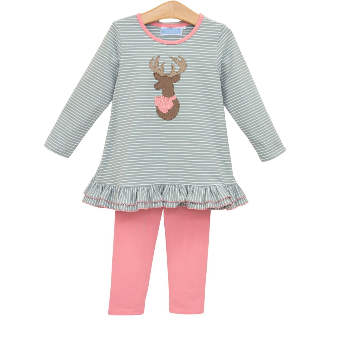 Shirt with a pink collar, a brown and pink deer applique on the chest, and a ruffled hem, paired with solid pink leggings. 