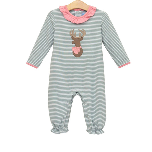 Striped baby romper with deer design with pink ruffle collar