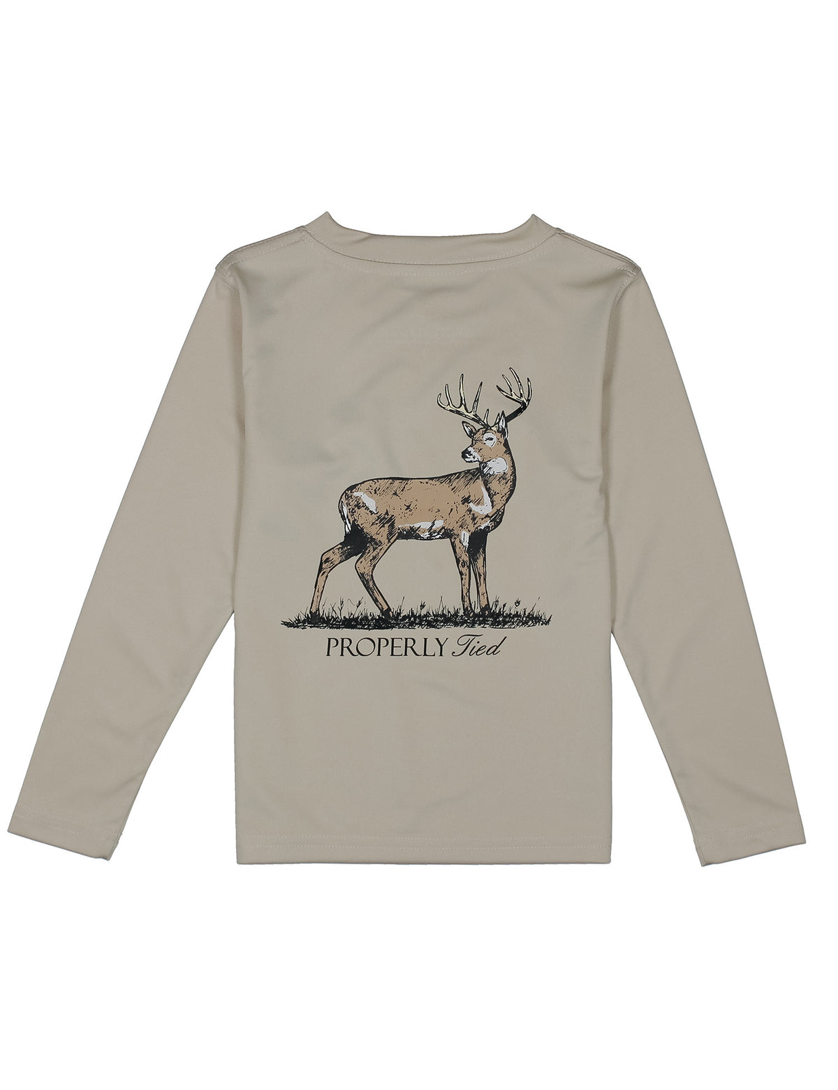 Beige long-sleeve shirt with a deer graphic and 'Properly Tied' text on a white background