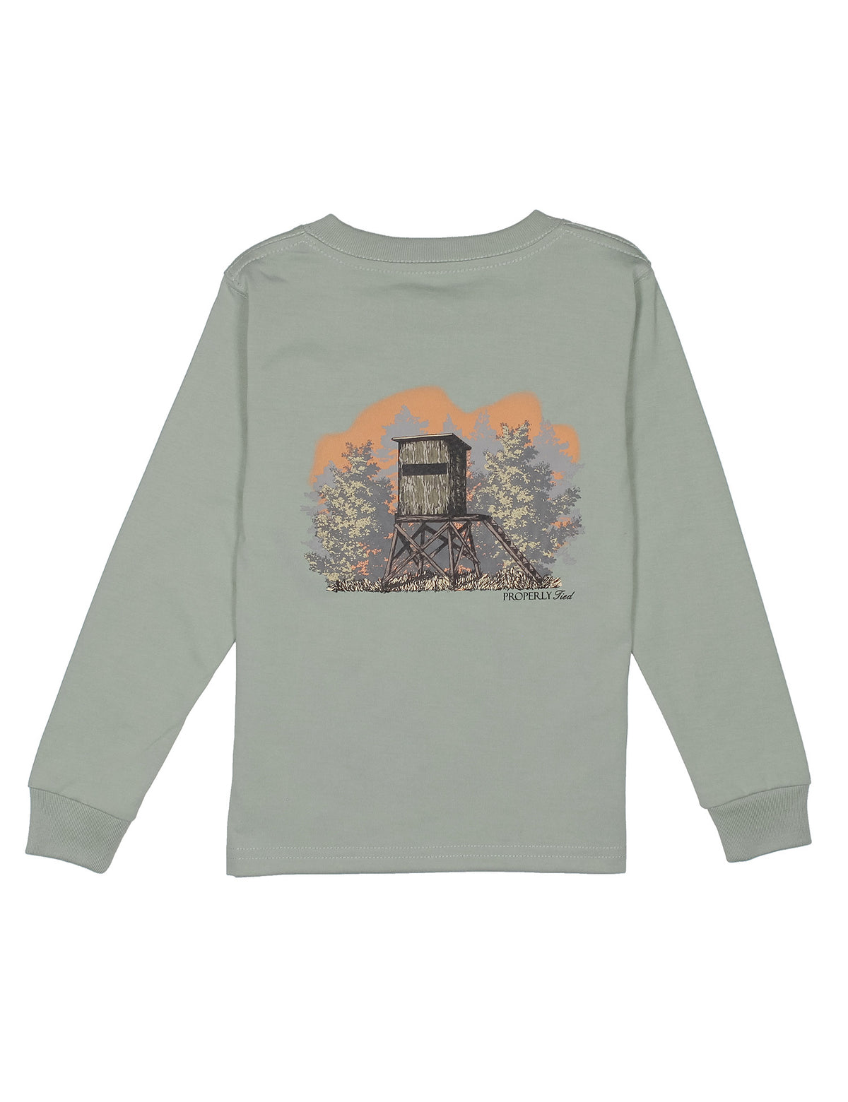 Sage green long-sleeve shirt with a graphic of a camo deer stand on a white background
