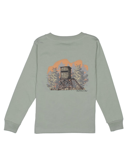 Sage green long-sleeve shirt with a graphic of a camo deer stand on a white background