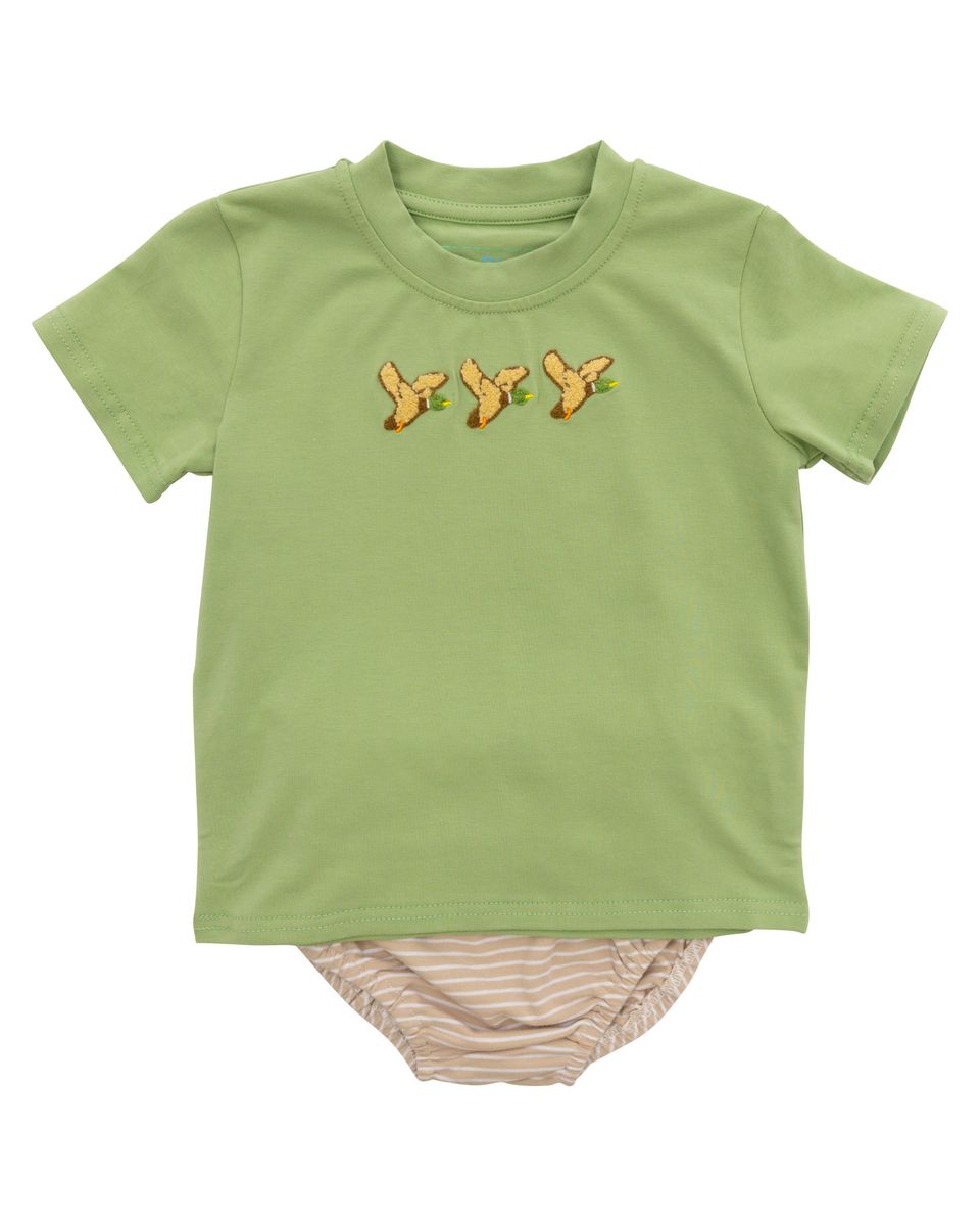 Green Diaper Set with embroidered ducks and tan and white diaper bottom 