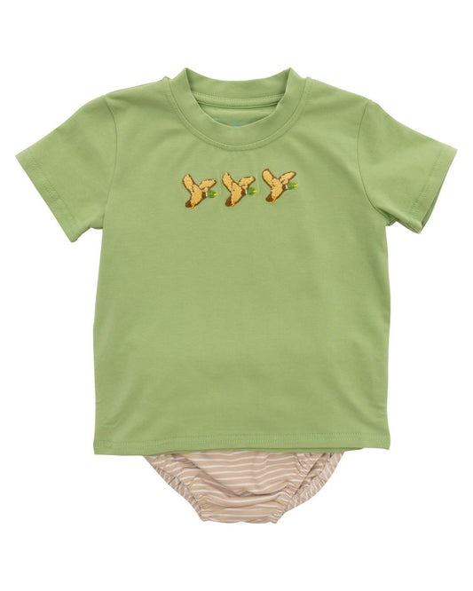 Green Diaper Set with embroidered ducks and tan and white diaper bottom 