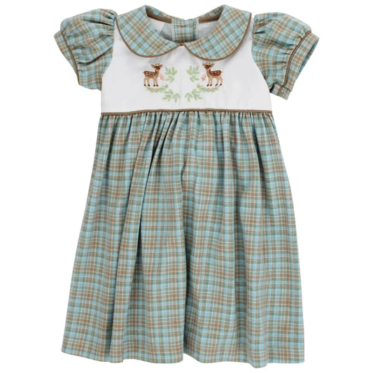 A toddler girl's dress featuring a light blue and tan plaid skirt and matching plaid flutter sleeves, with a white yoke decorated with an embroidered deer and green leaf motif, set against a plain white background.