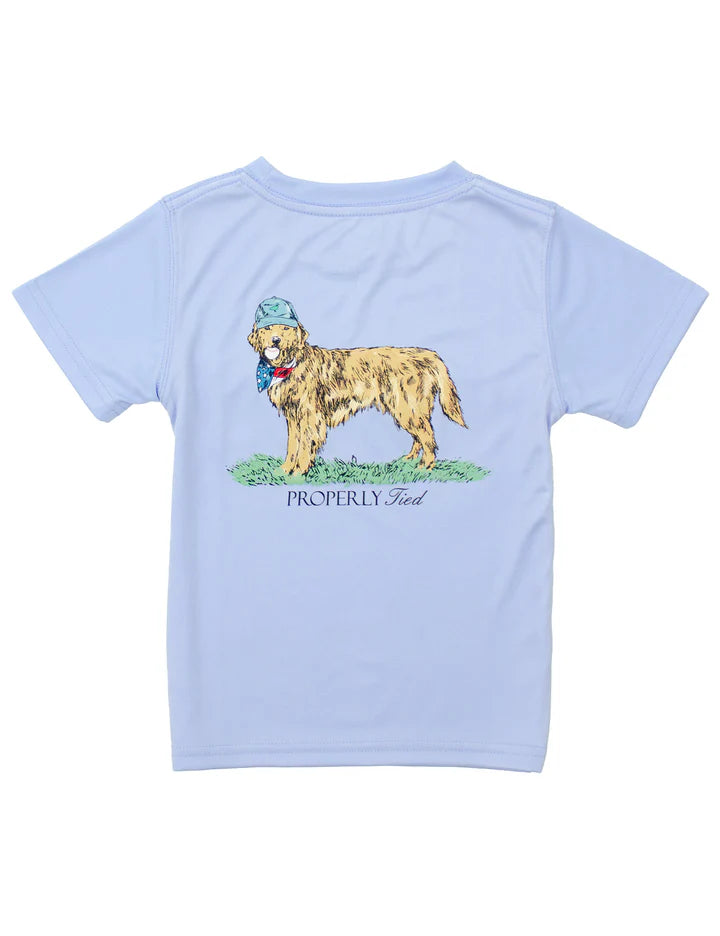 performance light blue shirt with dog with USA bandana and ball in mouth 