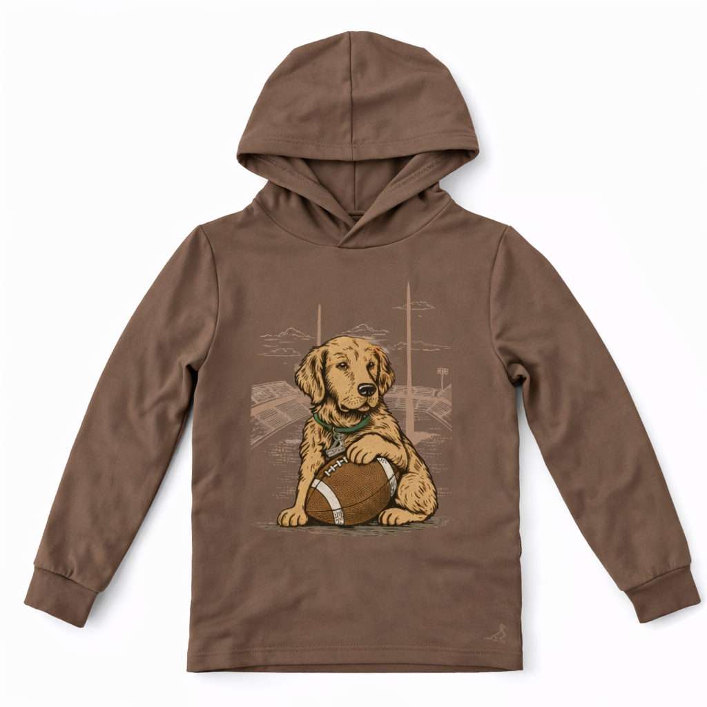 A brown long-sleeve hoodie featuring a graphic print of a golden retriever puppy sitting on a football with a green bandana, displayed against a clean white background.