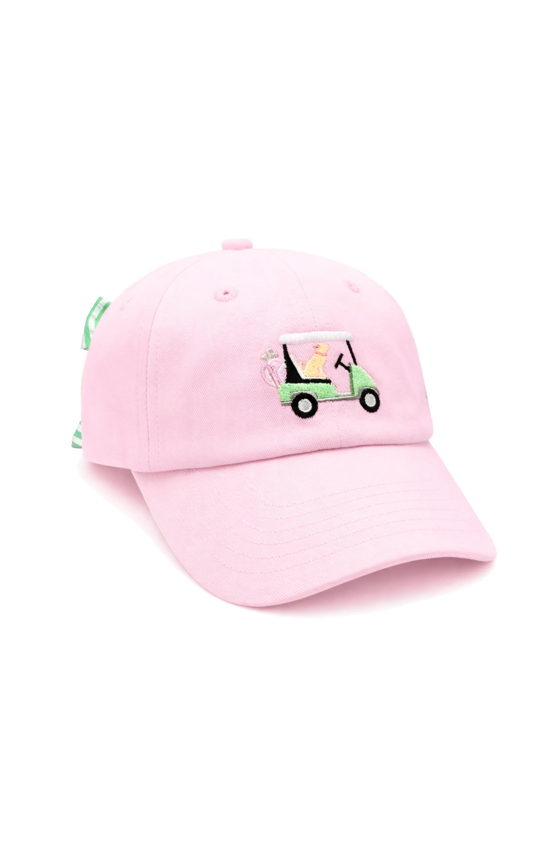 Pink baseball cap with golf cart with dog and bow in the back 