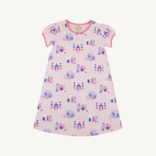 Pink dress with pink and purple dog house design 
