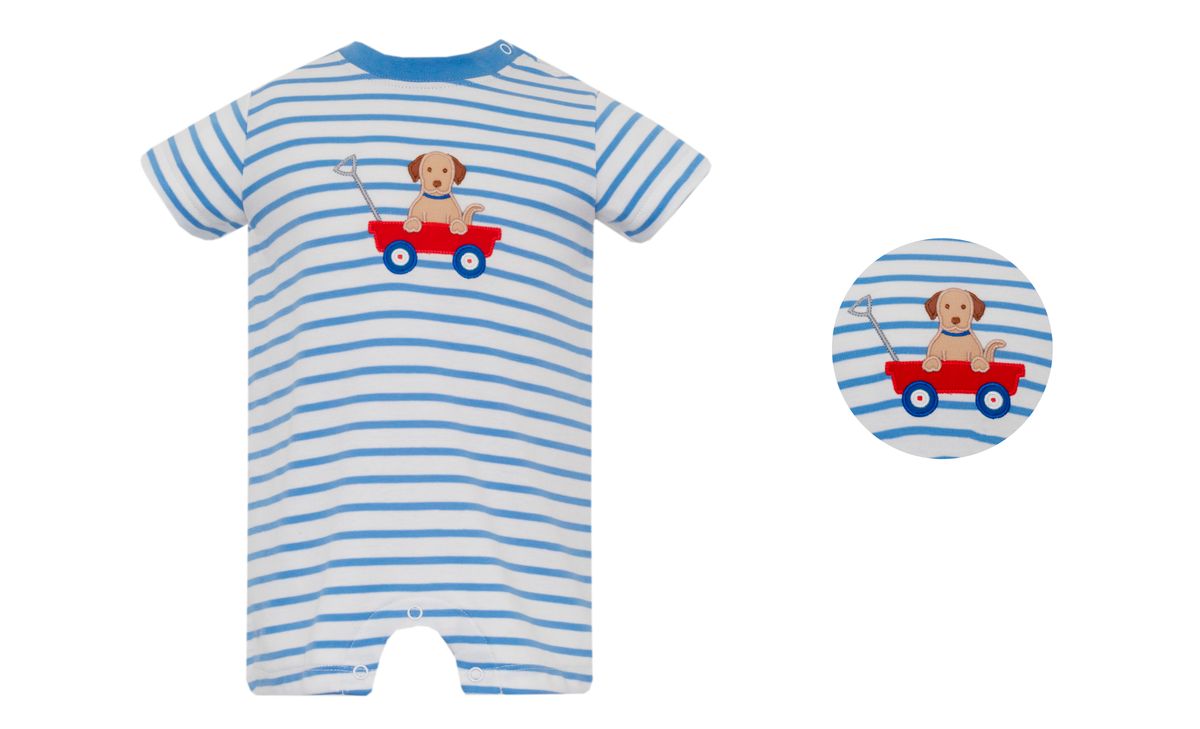 Blue and white striped baby romper with a dog design on a white background