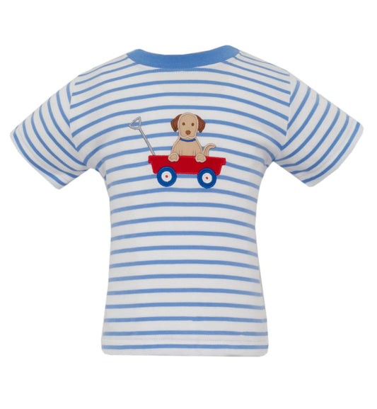 Striped t-shirt with a dog in a red wagon graphic on a white background