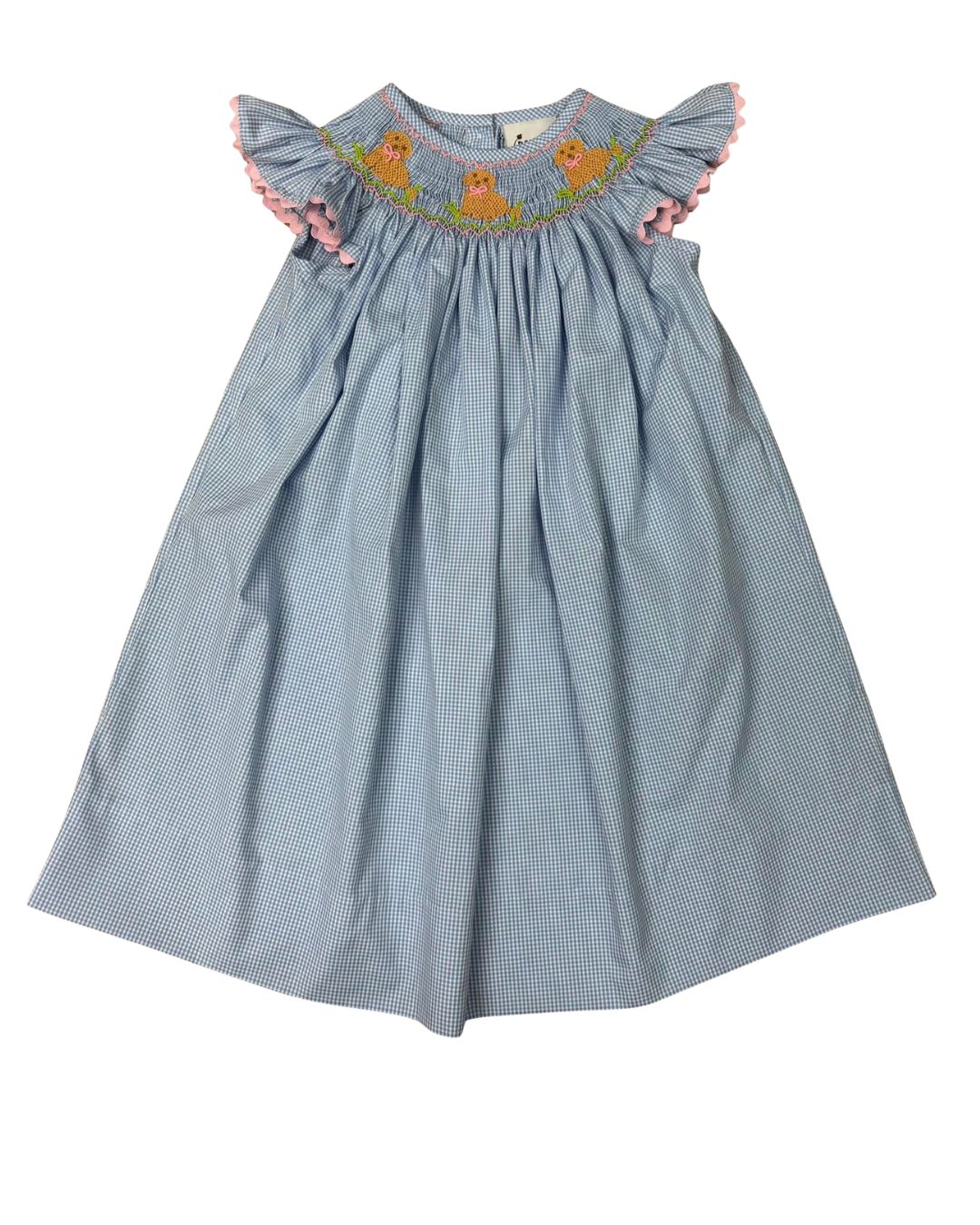Blue check dress with pink trim and embroidered dogs on smocking.