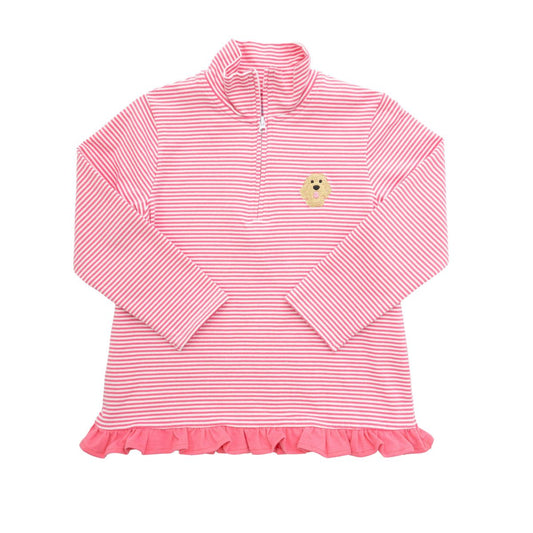 A pink and white striped long-sleeve quarter-zip pullover with a small golden doodle face patch on the chest and a ruffled hem, shown flat on a white background.