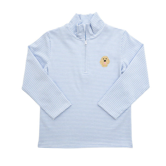A light blue and white striped long-sleeve quarter-zip pullover with a small embroidered dog face patch on the left chest, displayed flat against a white background.